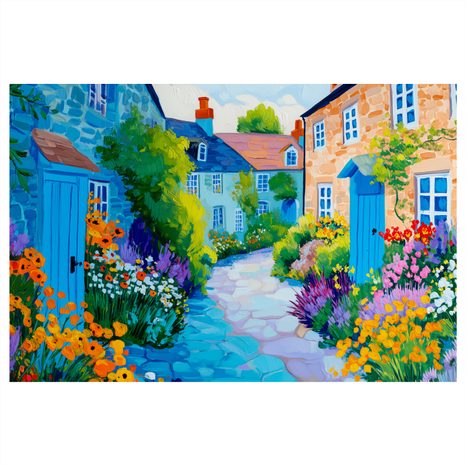 OBRAZ LETNÍ ULIČKA PLNÁ KVĚTIN - BAREVNÉ DOMY - OBRAZY