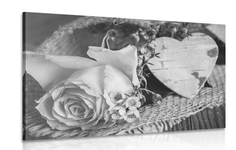 CANVAS PRINT ROSE AND A HEART IN JUTE IN BLACK AND WHITE - BLACK AND WHITE PICTURES - PICTURES