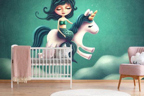 TAPETE KLEINE MEERJUNGFRAU MIT EINHORN - KINDERTAPETEN - TAPETEN