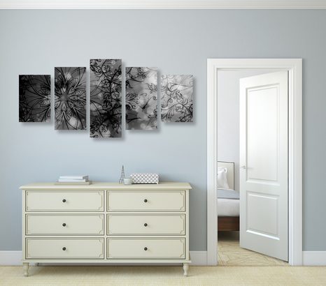TABLOU 5-PIESE MANDALE FLORALĂ ÎN DESIGN ALB-NEGRU - TABLOURI ALB-NEGRU - TABLOURI