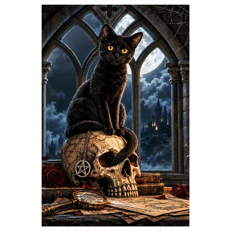 WANDBILD GEHEIMNISVOLLE KATZE IM GOTISCHEN STIL - HALLOWEEN- UND HORROR-BILDER - BILDER