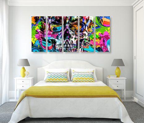 5-DÍLNÝ OBRAZ BAREVNÁ UMĚLECKÁ LEBKA - POP ART OBRAZY - OBRAZY