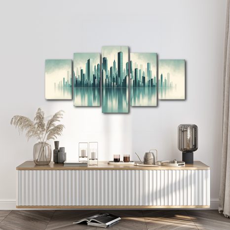 5-DÍLNÝ OBRAZ MRAKODRAPY ZAHALENÉ V MLZE - OBRAZY MĚSTA - OBRAZY