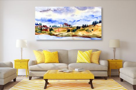 QUADRO SU TELA – VILLAGGIO ACQUERELLATO - QUADRI DI NATURA E PAESAGGIO - STAMPE E QUADRI