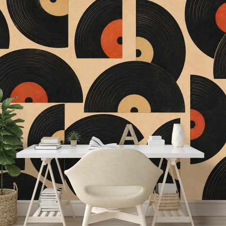 SELBSTKLEBENDE TAPETE RETRO-VINYLPLATTEN AUF BEIGEM HINTERGRUND - MUSIK FOTOTAPETEN - TAPETEN