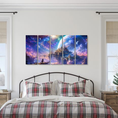 TABLEAU EN 5 PARTIES – ROYAUME CÉLESTE DANS LES NUAGES - IMAGES DE GALAXIE - TABLEAUX