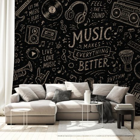 TAPETE MUSIKINSTRUMENTE UND ZITATE AUF SCHWARZ - MUSIK FOTOTAPETEN - TAPETEN