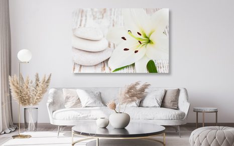 QUADRO SU TELA – GIGLIO E PIETRE DA MASSAGGIO IN BIANCO - QUADRI FENG SHUI - STAMPE E QUADRI