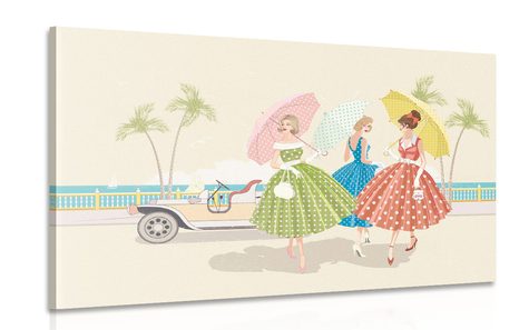 CANVAS PRINT RETRO LADIES WITH UMBRELLAS - VINTAGE AND RETRO PICTURES - PICTURES