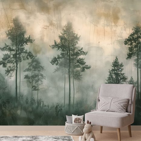 TAPET AUTOADEZIV ORIZONT DE PĂDURE ÎN CEAȚĂ - TAPET PĂDURE - TAPETURI