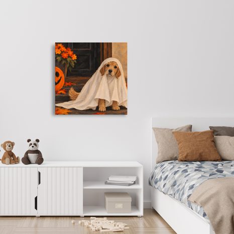 QUADRO SU TELA – CAGNOLINO DI HALLOWEEN SOTTO IL LENZUOLO - QUADRI HALLOWEEN E HORROR - STAMPE E QUADRI