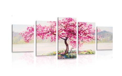 IMPRESSION SUR TOILE EN 5 PARTIES CERISE ORIENTALE DANS UN DESIGN ROSE - IMPRESSION SUR TOILE DE NATURE ET PAYSAGE - IMPRESSION SUR TOILE