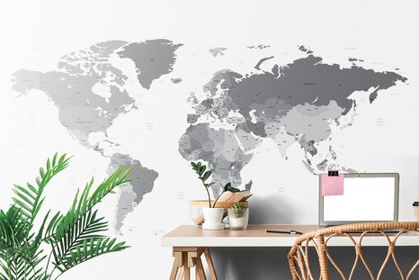 SAMOLEPÍCÍ TAPETA DETAILNÍ MAPA SVĚTA V ČERNOBÍLÉM PROVEDENÍ - SAMOLEPÍCÍ TAPETY - TAPETY