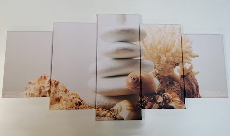 5-TEILIGES WANDBILD ZEN-STEINE MIT MUSCHELN - BILDER MIT FENG SHUI-MOTIVEN - BILDER