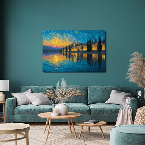 WANDBILD NÄCHTLICHES LEUCHTEN ÜBER DEM SEE - BILDER VON STÄDTEN - BILDER