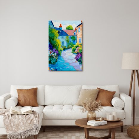 OBRAZ MALEBNÁ VESNICE S KVĚTINAMI - BAREVNÉ DOMY - OBRAZY