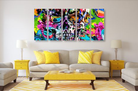 5-DÍLNÝ OBRAZ BAREVNÁ UMĚLECKÁ LEBKA - POP ART OBRAZY - OBRAZY