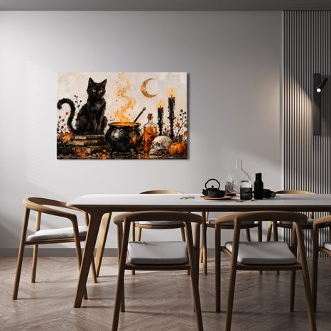 QUADRO SU TELA – GATTO NERO E MAGIA - QUADRI HALLOWEEN E HORROR - STAMPE E QUADRI