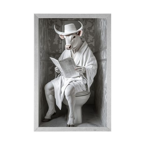 PLAGÁT BIELY BÝK S NOVINAMI NA ZÁCHODE - BYVOLY A KRAVY - PLAGÁTY