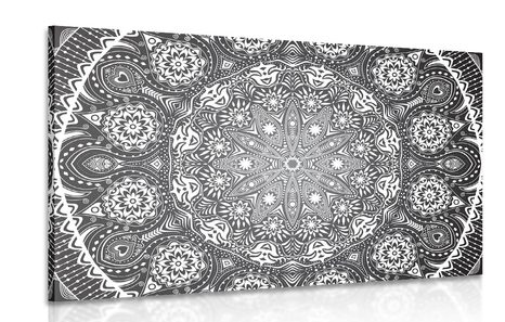 CANVAS PRINT ORNAMENTAL MANDALA WITH LACE IN BLACK AND WHITE - BLACK AND WHITE PICTURES - PICTURES