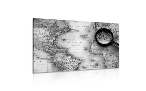 КАРТИНА НА ПЛАТНО – ЧЕРНО-БЯЛА КАРТА НА СВЕТА С ЛУПА - ЧЕРНО-БЕЛИ КАРТИНИ - КАРТИНИ