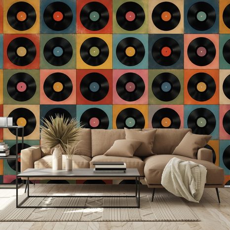 TAPETE RETRO-VINYLPLATTEN AUF BUNTEM HINTERGRUND - MUSIK FOTOTAPETEN - TAPETEN