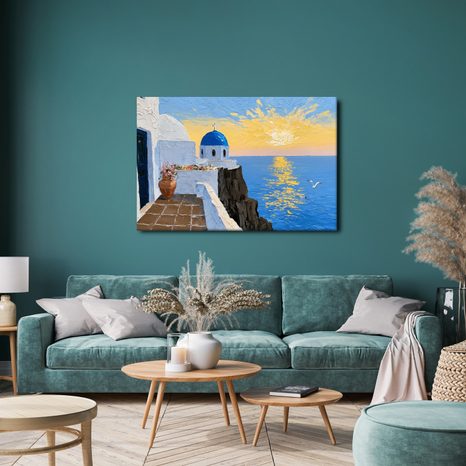 TABLEAU SUR TOILE – ÉGLISE GRECQUE AU-DESSUS DE LA MER - TABLEAUX LEVER ET COUCHER DE SOLEIL - TABLEAUX