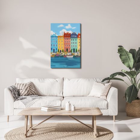 OBRAZ PASTELOVÉ MĚSTO S LODĚMI - BAREVNÉ DOMY - OBRAZY
