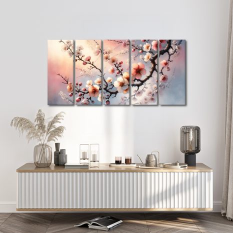 5-TEILIGES WANDBILD BLÜHENDER ZWEIG - BILDER BLUMEN - BILDER