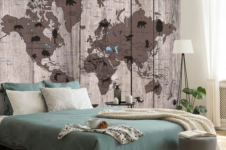 SELF ADHESIVE WALLPAPER MAP ON A WOODEN BASE - SELF-ADHESIVE WALLPAPERS - WALLPAPERS