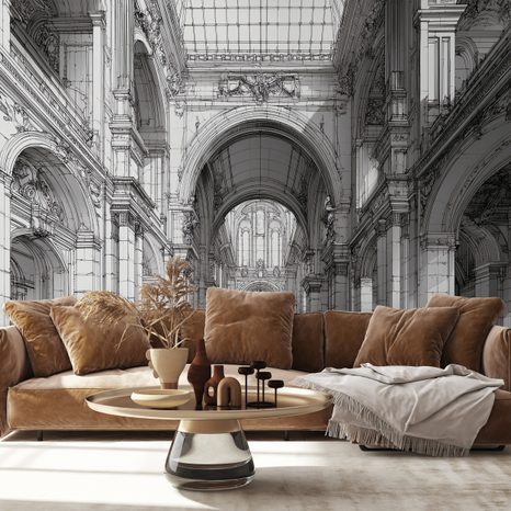 TAPETA HISTORYCZNA ARCHITEKTURA W CZARNO-BIAŁYM RYSUNKU - TAPETA CZARNOBIAŁA - TAPETY