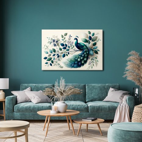 QUADRO SU TELA – PAVONE ELEGANTE TRA LE FOGLIE - QUADRI DEL PAVONE - STAMPE E QUADRI