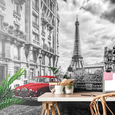 SELF ADHESIVE WALL MURAL RED RETRO CAR IN PARIS - SELF-ADHESIVE WALLPAPERS - WALLPAPERS