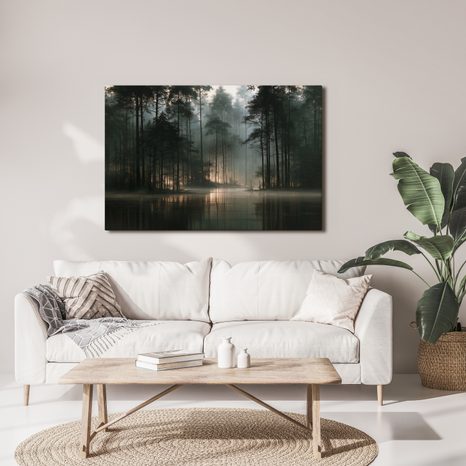 TABLEAU SUR TOILE – FORÊT BRUMEUSE AU BORD DU LAC - TABLEAUX FORÊT - TABLEAUX