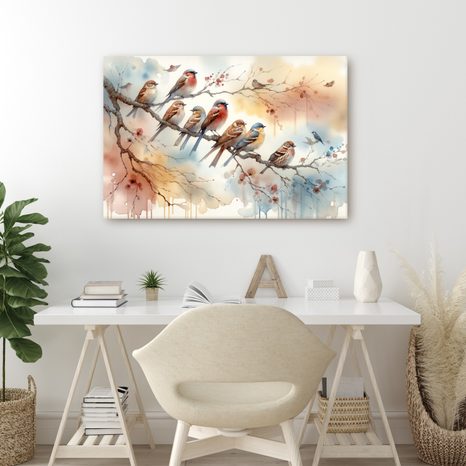 QUADRO SU TELA – STORMO DI UCCELLI SUL RAMO - QADRI DI UCCELLI - STAMPE E QUADRI