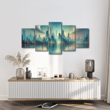 5-DÍLNÝ OBRAZ FUTURISTICKÉ MĚSTO U ŘEKY - OBRAZY MĚSTA - OBRAZY