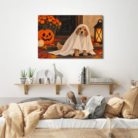 QUADRO SU TELA – CAGNOLINO FANTASMA CON ZUCCA - QUADRI HALLOWEEN E HORROR - STAMPE E QUADRI