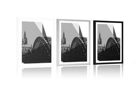 POSTER MIT PASSEPARTOUT ILLUSTRATION DER STADT KÖLN IN SCHWARZ-WEISS - SCHWARZ-WEISS - POSTER
