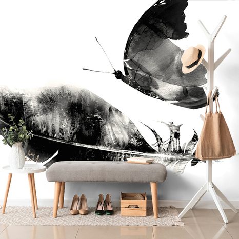 CARTA DA PARATI – PIUMA CON FARFALLA IN BIANCO E NERO - CARTA DA PARATI BIANCO E NERO - CARTA DA PARATI