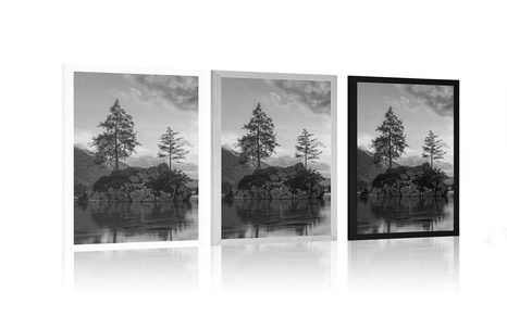 PLAKÁT ČERNOBÍLÁ HORSKÁ KRAJINA U JEZERA - ČERNOBÍLÉ - PLAKÁTY