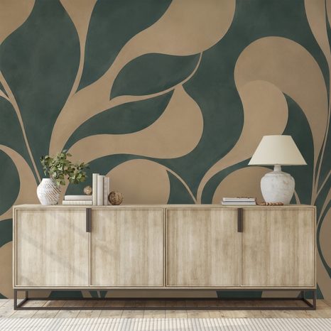 ZELFKLEVEND FOTOBEHANG ABSTRACTE BEIGE BLADEREN IN GROEN - FOTOBEHANG ABSTRACT - FOTOBEHANG