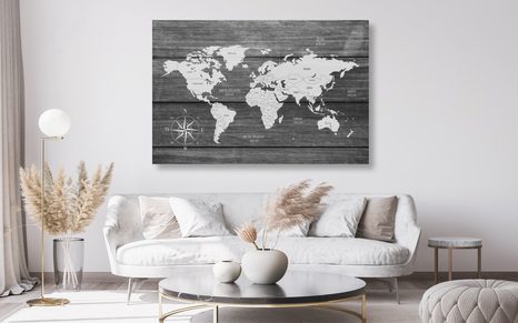 WANDBILD AUF KORK WELTKARTE MIT HÖLZERNEM HINTERGRUND - WANDBILDER AUF KORK - BILDER