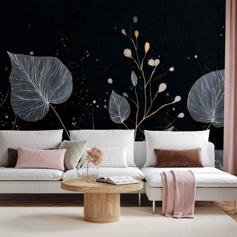 ZELFKLEVEND FOTOBEHANG ELEGANTE GOUDEN EN ZILVEREN BLADEREN - FOTOBEHANG BLADEREN - FOTOBEHANG