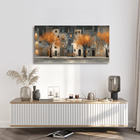 SLIKA VEČERNJA ULICA S KLUPOM - ŠARENE KUĆE - SLIKE