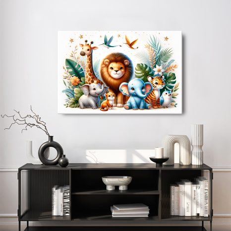 WANDBILD KÖNIG DES DSCHUNGELS UND SEINE SÜSSEN FREUNDE - KINDERBILDER TIERE - BILDER