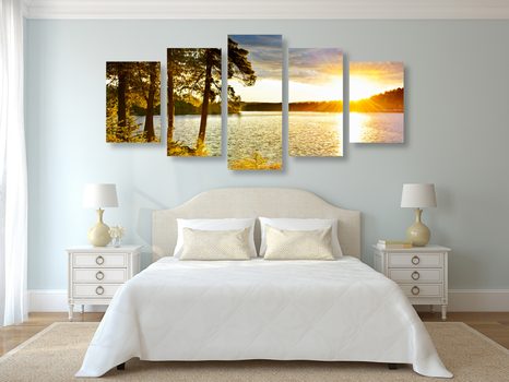 TABLEAU EN 5 PARTIES – COUCHER DE SOLEIL SUR LE LAC - TABLEAUX DE LA NATURE ET DES PAYSAGES - TABLEAUX