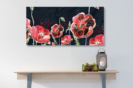 WANDBILD ROTE MOHNBLUMEN AUF SCHWARZEM HINTERGRUND - BILDER BLUMEN - BILDER