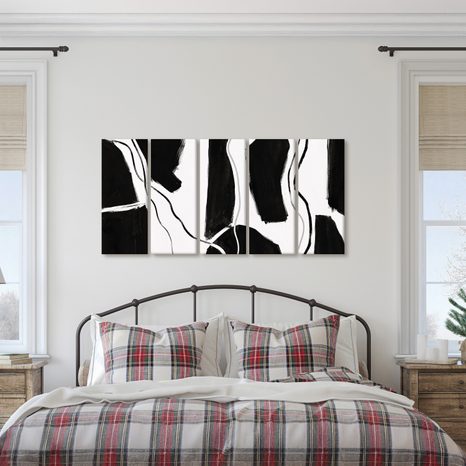 TABLEAU EN 5 PARTIES – LIGNES ABSTRAITES EN NOIR ET BLANC - IMAGES FORMES ABSTRAITES - TABLEAUX