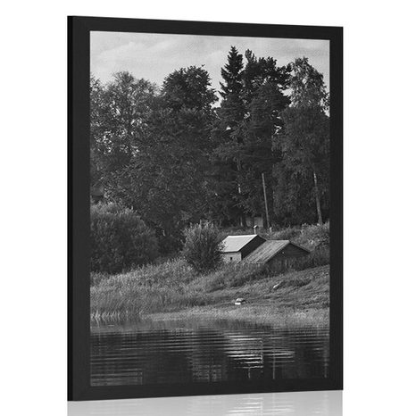 AFFICHE MAISONS DE CONTE DE FÉES AU BORD D'UNE RIVIÈRE EN NOIR ET BLANC - NOIR ET BLANC - AFFICHES