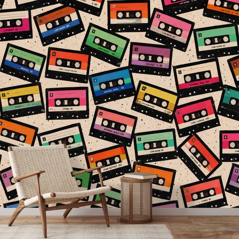 TAPETE RETRO BUNTE KASSETTEN - MUSIK FOTOTAPETEN - TAPETEN